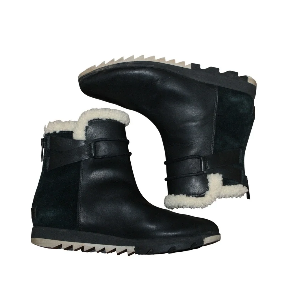 Sorel Harlow Bootie Cozy Waterproof Leather Shearling Collar‎ Black Womens 8